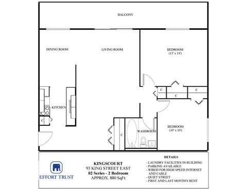 Floor plan for 2 beds, 1 bath, 880 sqft